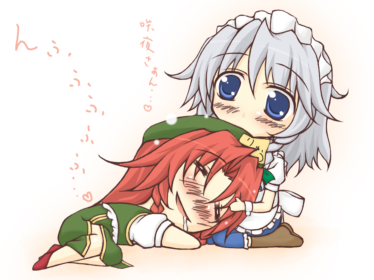 lozelia, hong meiling, izayoi sakuya, embodiment of scarlet devil, touhou, bad id, bad pixiv id, partially translated, translation request, 2girls, blue eyes, blush, chibi, female focus, multiple girls, short hair, sleeping, yuri