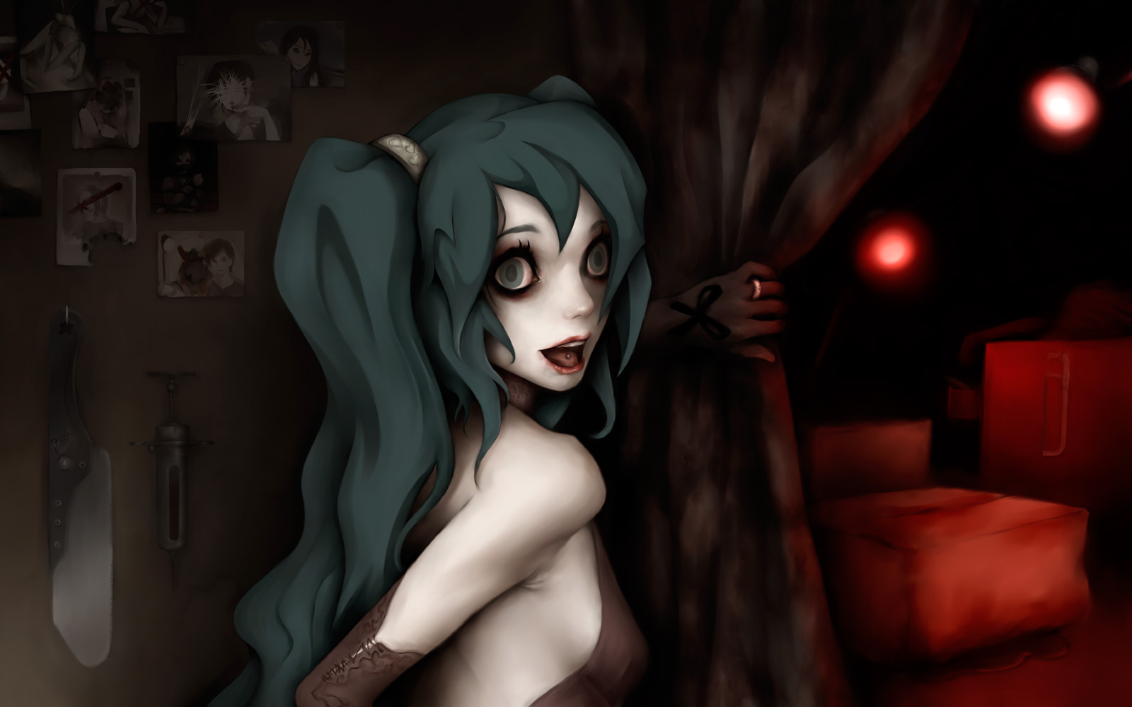 genk, hatsune miku, rotten girl grotesque romance (vocaloid), vocaloid, highres, photo (medium), 1girl, aqua eyes, aqua hair, armpits, bonesaw, breasts, crazy eyes, creepy, dark, elbow gloves, female focus, gloves, goth fashion, green eyes, green hair, horror (theme), jewelry, knife, lipstick, makeup, matching hair/eyes, open mouth, photo (object), piercing, ring, rotten girl grotesque romance, saw, sideboob, solo, syringe, tongue piercing, twintails