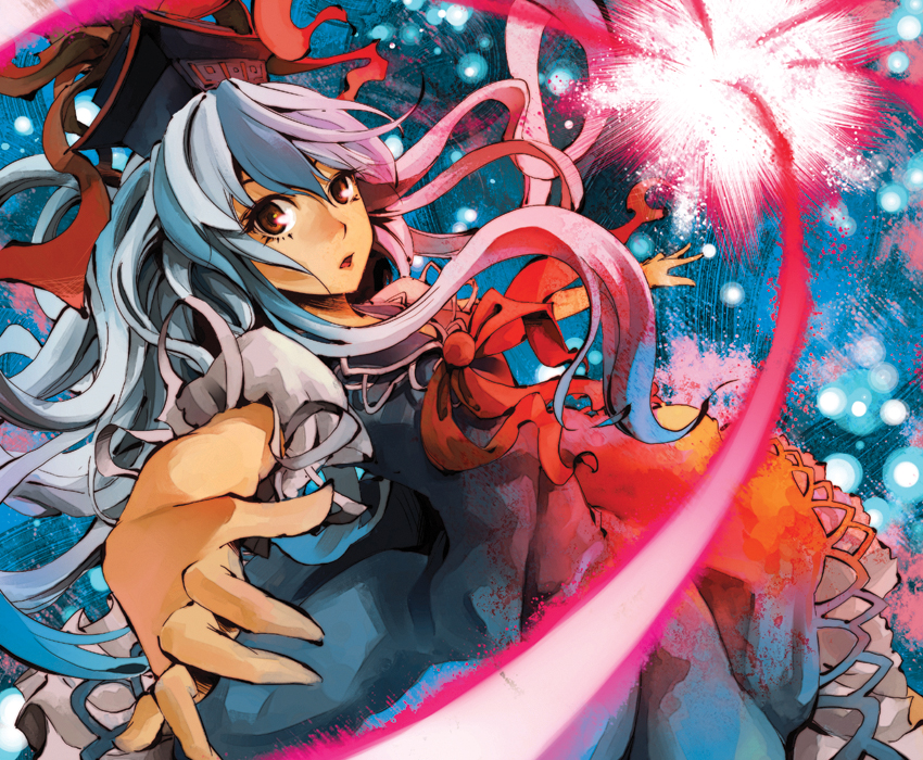 dain, kamishirasawa keine, touhou, bad id, bad pixiv id, 1girl, blue hair, female focus, hat, long hair, red eyes, solo