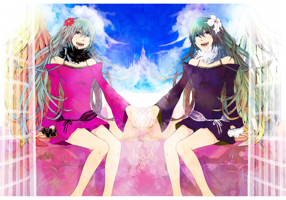 hashimochi, hatsune miku, vocaloid, 1girl, alternate hairstyle, angel wings, aqua eyes, aqua hair, castle, clone, day, flower, legs, long hair, sitting, sky, smile, symmetry, thighs, wings