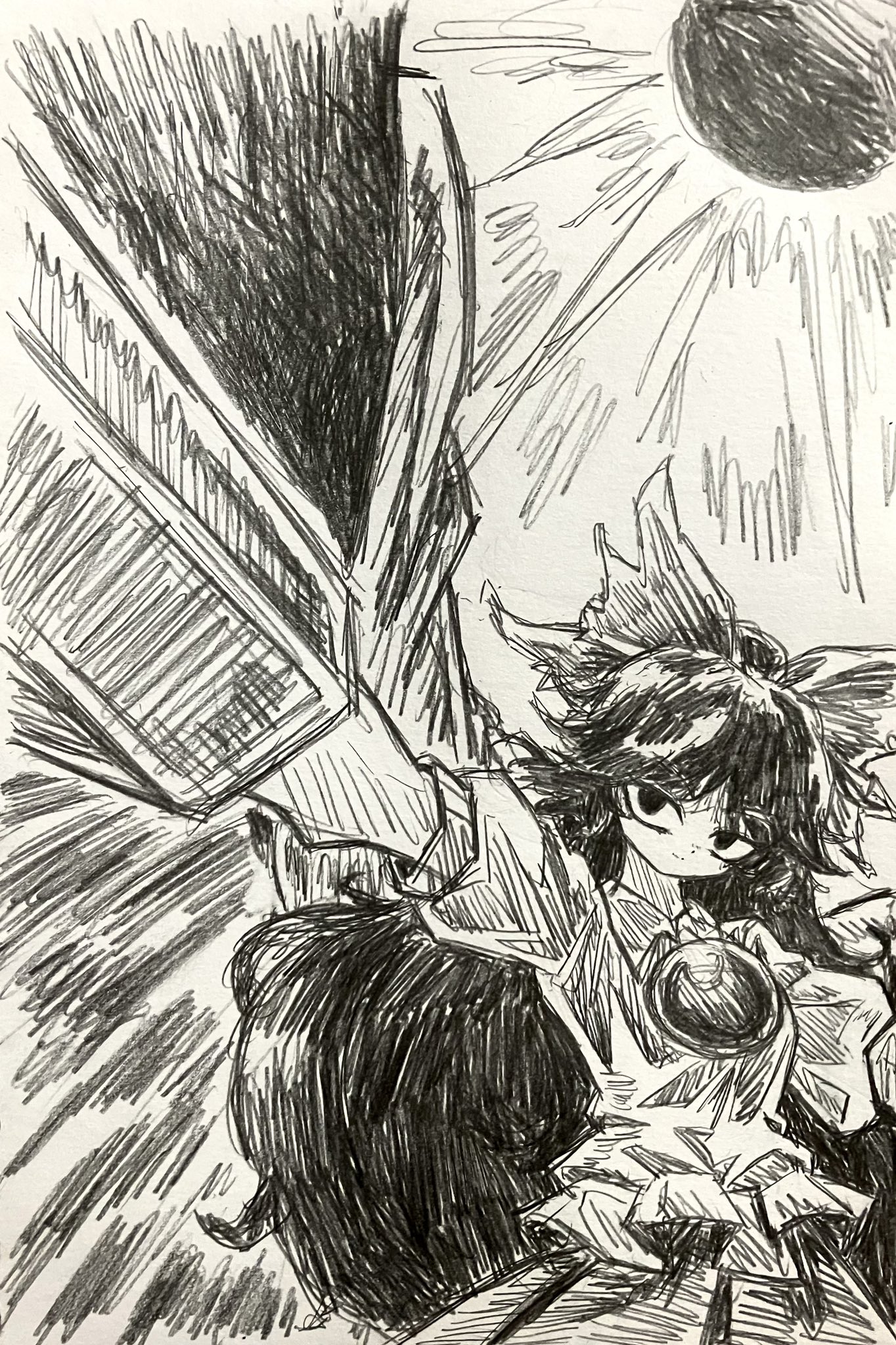 tanishi (agaribito snail), reiuji utsuho, touhou, commentary, highres, traditional media, 1girl, arm cannon, black sun, bow, cape, closed mouth, greyscale, hair bow, long hair, looking at viewer, monochrome, shirt, skirt, solo, sun, third eye, upper body, weapon, wings