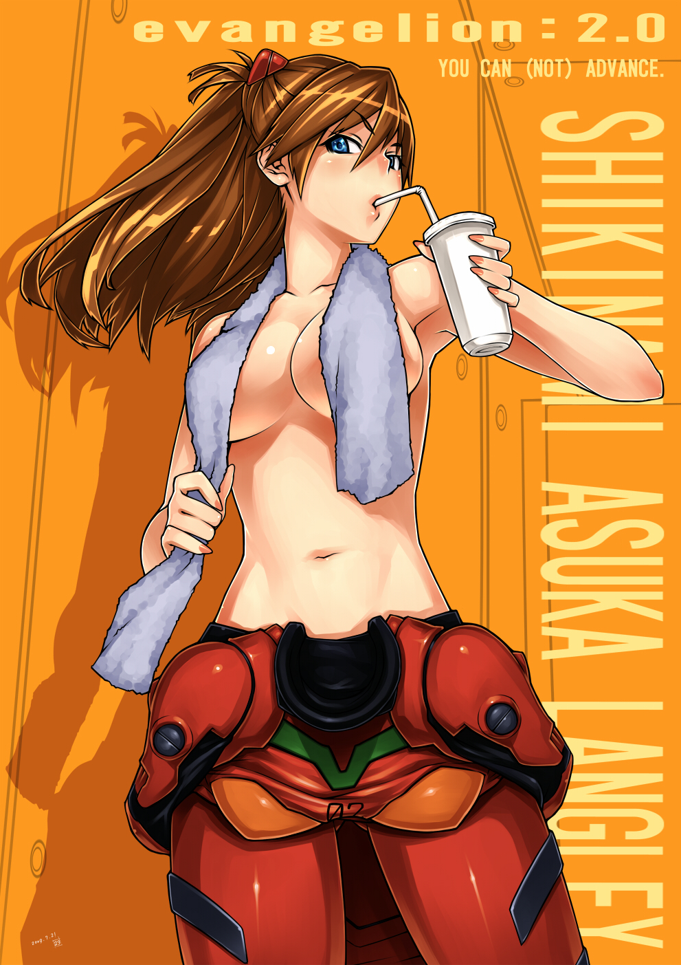 23 (real xxiii), souryuu asuka langley, neon genesis evangelion, rebuild of evangelion, highres, 00s, 1girl, alternate breast size (larger), armpits, blue eyes, breasts, brown hair, drink, drinking, female focus, large breasts, lips, mecha pilot suit, plugsuit (evangelion), solo, topless female, towel