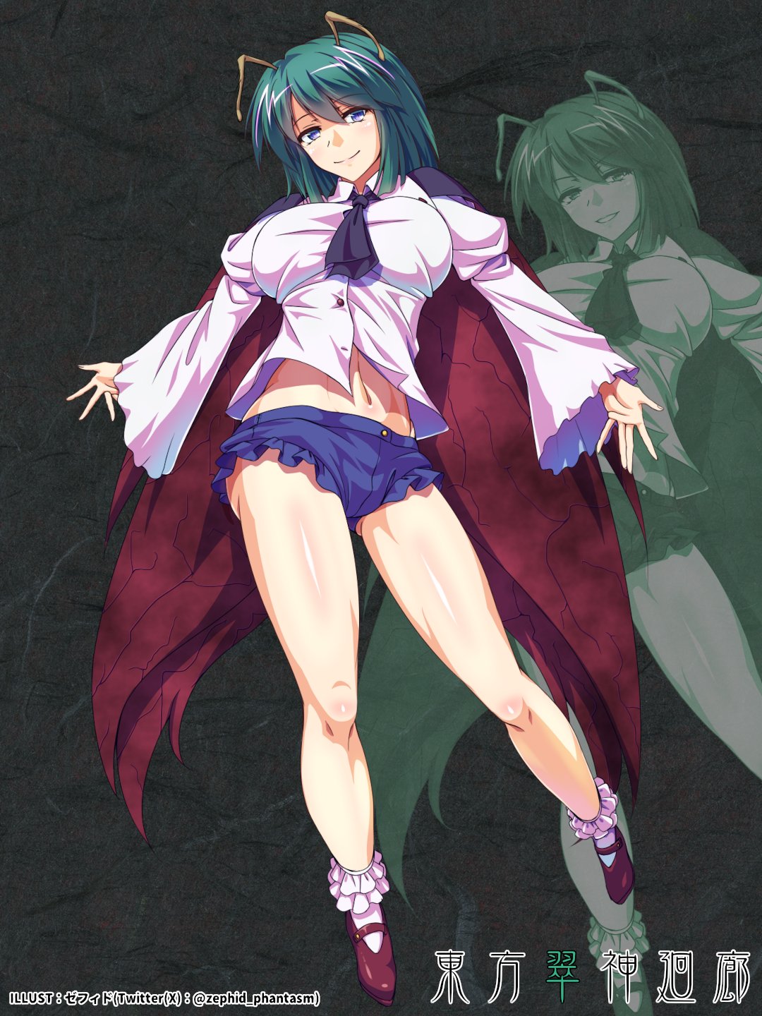 td12734, wriggle nightbug, touhou, commentary request, highres, 1girl, antennae, ascot, black ascot, blue shorts, blush, breasts, cape, closed mouth, full body, green hair, juliet sleeves, large breasts, long sleeves, looking at viewer, midriff, navel, puffy sleeves, red cape, red shoes, shirt, shoes, short hair, short shorts, shorts, smile, socks, solo, twitter username, white shirt, white socks