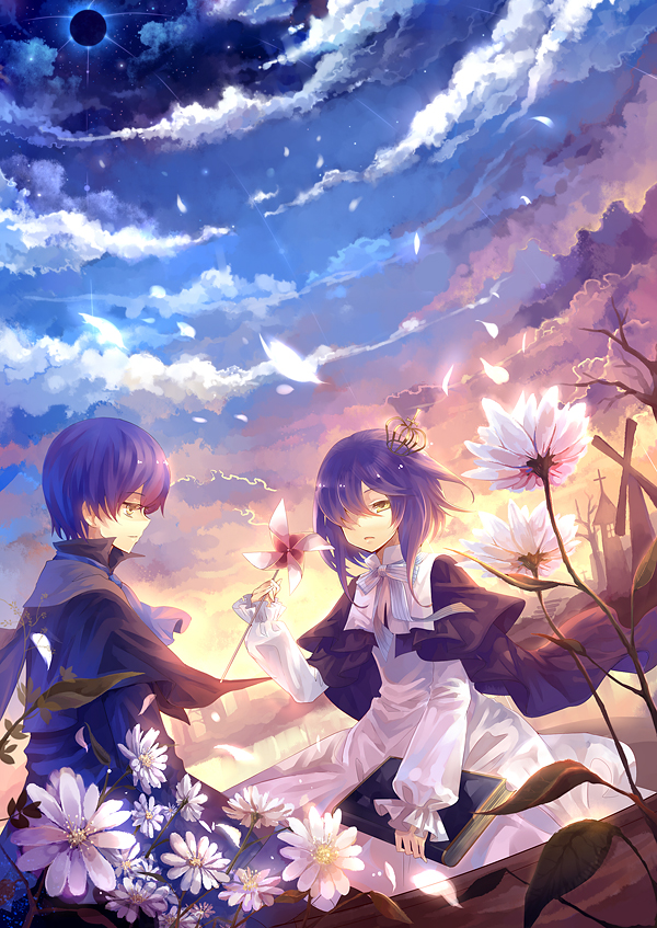dhiea, dhiea seville (pause), mo seville (pause), original, pause (dhiea), bad id, bad pixiv id, 1boy, 1girl, book, brother and sister, crown, flower, pinwheel, purple hair, siblings, yellow eyes