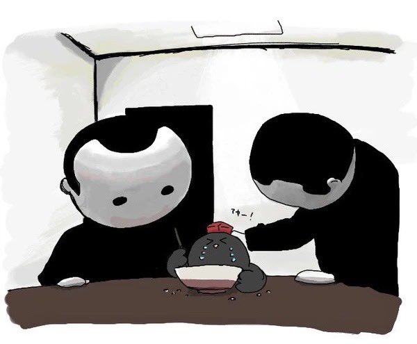 kuuinusuki, shameimaru aya, shameimaru aya (crow), blank room soup, touhou, translation request, > <, 2others, crying, food, hat, holding, holding ladle, indoors, ladle, mascot costume, masked, multiple others, rayray, red hat, soup, tokin hat