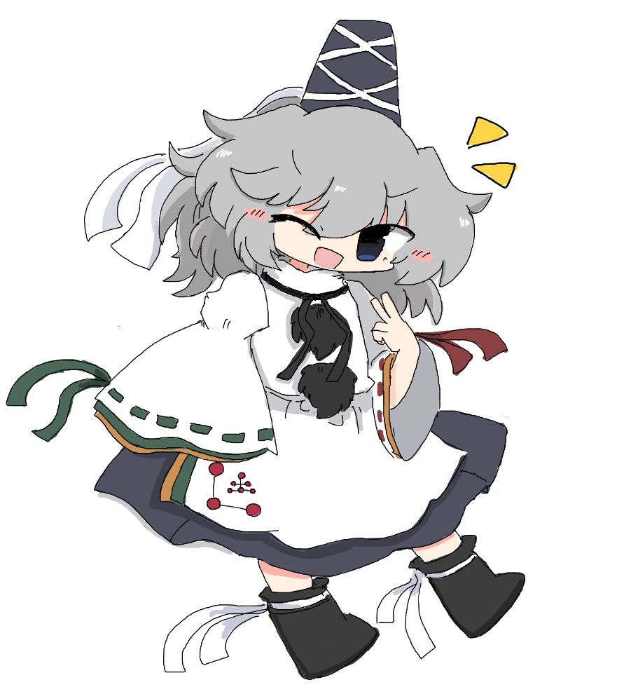 kuuinusuki, mononobe no futo, touhou, 1girl, ;d, black hat, black shoes, black skirt, blue eyes, full body, grey hair, hat, japanese clothes, kariginu, long hair, long sleeves, one eye closed, open mouth, ponytail, ribbon-trimmed sleeves, ribbon trim, shoes, simple background, skirt, smile, solo, tate eboshi, v-shaped eyebrows, white background