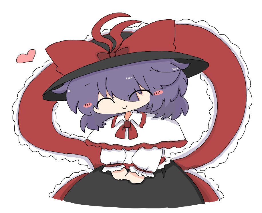 kuuinusuki, nagae iku, touhou, 1girl, ^ ^, black hat, black skirt, blush stickers, bow, capelet, closed eyes, closed mouth, hat, hat bow, heart, long sleeves, purple hair, red bow, shirt, short hair, simple background, skirt, smile, solo, white background, white capelet, white shirt