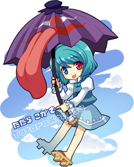 mochiya marosuke, tatara kogasa, touhou, 1girl, :p, blue eyes, blue hair, character name, female focus, full body, geta, heterochromia, karakasa obake, matching hair/eyes, red eyes, sandals, short hair, solo, tongue, tongue out, umbrella
