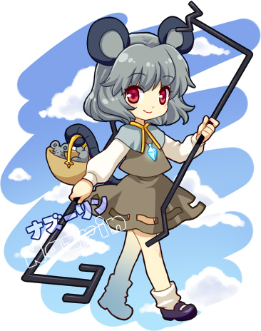 mochiya marosuke, nazrin, touhou, lowres, 1girl, animal ears, basket, cloud, female focus, full body, grey hair, jewelry, mouse (animal), mouse ears, mouse tail, outdoors, pendant, red eyes, short hair, sky, solo, tail, walking