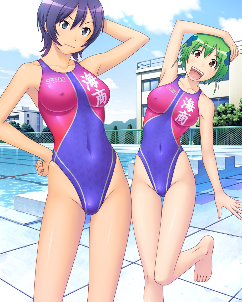 kuri (kurigohan), ninagawa amuro, orizuka momoko, kenkou zenrakei suieibu umishou, speedo (company), 2girls, arm up, armpits, barefoot, blue eyes, breasts, chain-link fence, cloud, competition swimsuit, covered erect nipples, day, feet, fence, green hair, hair ornament, hand on own hip, happy, highleg, highleg one-piece swimsuit, hip focus, large breasts, leaning, leg lift, looking at viewer, multiple girls, one-piece swimsuit, outdoors, pink eyes, pool, poolside, purple hair, short hair, sky, smile, swimsuit, thigh gap, thighs, water, x hair ornament