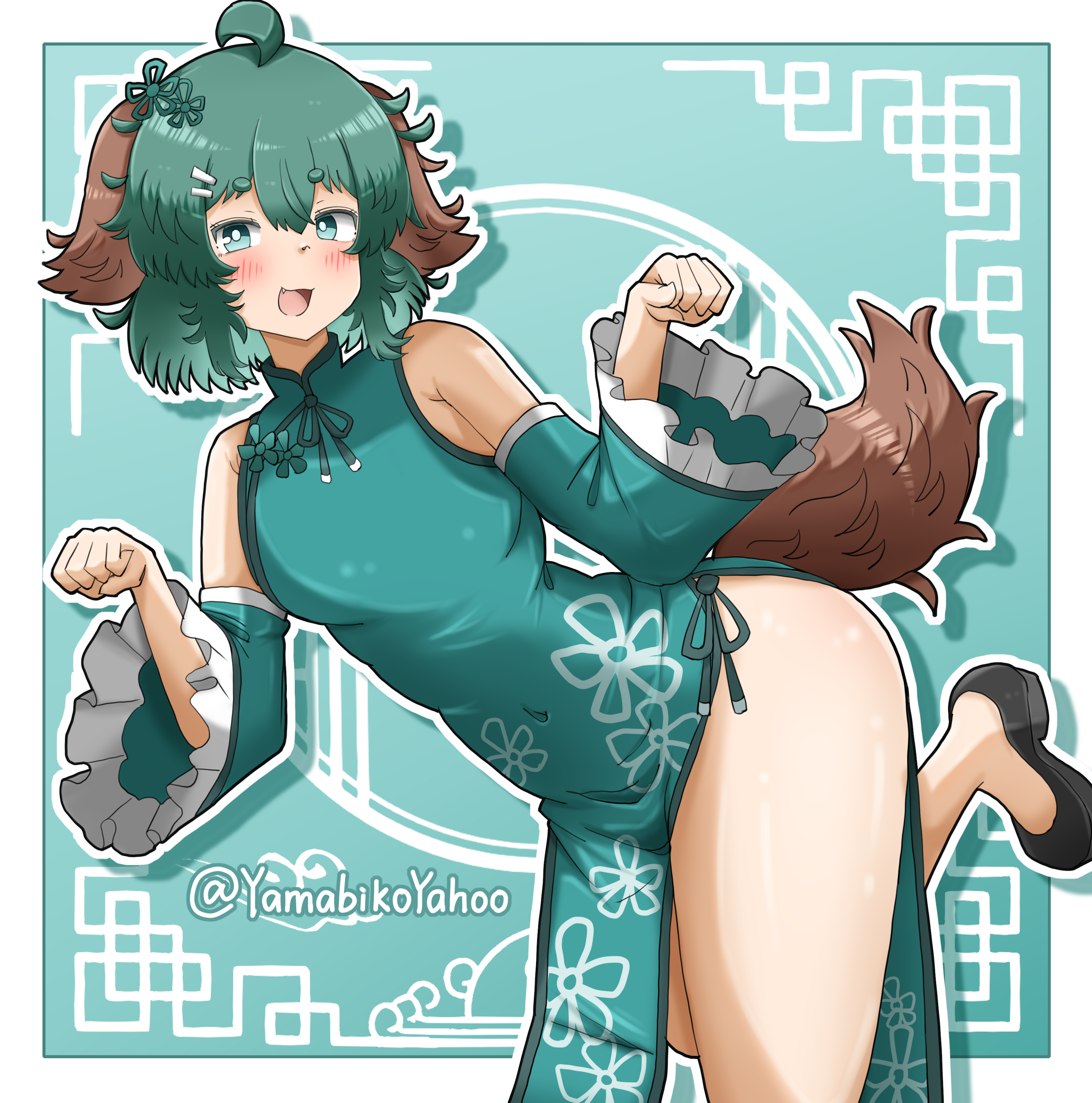 yamabikoyahoo, kasodani kyouko, touhou, absurdres, commentary, highres, symbol-only commentary, 1girl, :d, ahoge, alternate costume, animal ears, black shoes, blush, bright pupils, china dress, chinese clothes, detached sleeves, dog ears, dog girl, dog tail, dress, fang, floral print, flower, green background, green dress, green eyes, green hair, hair flower, hair ornament, leg up, looking at viewer, open mouth, outline, paw pose, shoes, short eyebrows, short hair, smile, solo, tail, thighs, twitter username, white outline, white pupils