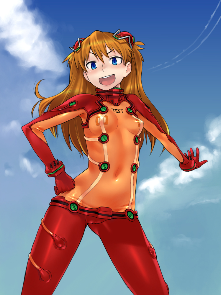 oohara kyuutarou, souryuu asuka langley, neon genesis evangelion, rebuild of evangelion, bad id, bad pixiv id, 00s, 1girl, blue eyes, bodysuit, breasts, cameltoe, cleavage, clothes writing, contrail, cowboy shot, day, female focus, grin, hand on own hip, interface headset (evangelion), mecha pilot suit, orange hair, plugsuit (evangelion), see-through cleavage, see-through clothes, smile, solo, teeth, test plugsuit (evangelion), upper teeth only