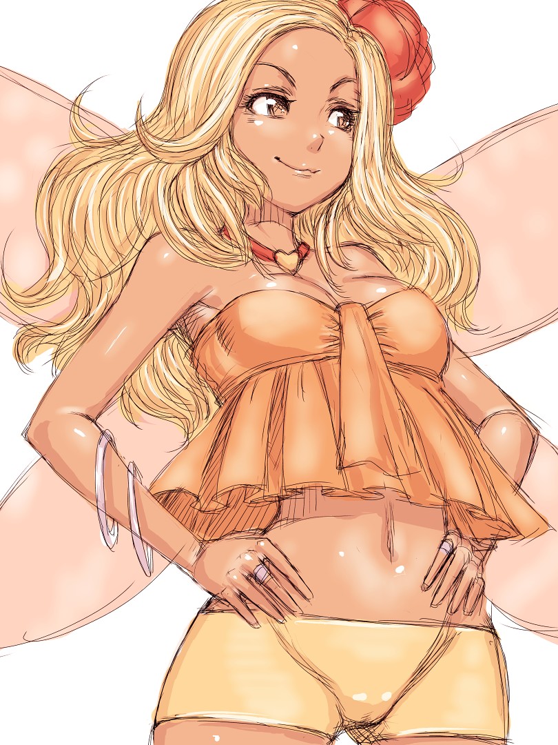 fumio (rsqkr), sandy (dq9), dragon quest, dragon quest ix, level-5, 1girl, blonde hair, breasts, brown eyes, choker, cleavage, dark-skinned female, dark skin, fairy, fairy wings, female focus, flower, ganguro, gyaru, hair flower, hair ornament, kogal, long hair, medium breasts, micro shorts, orange tube top, shorts, simple background, sketch, smirk, solo, strapless, tube top, white background, wings