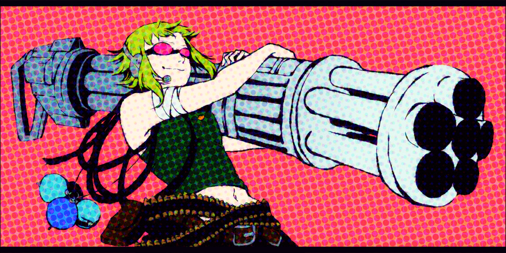 chakoro, gumi, bokura no 16bit warz (vocaloid), vocaloid, bad id, bad pixiv id, 1girl, ammunition, bandages, bokura no 16bit sensou (vocaloid), female focus, gatling gun, goggles, green eyes, green hair, gun, headphones, headset, huge weapon, matching hair/eyes, midriff, short hair, smile, solo, weapon