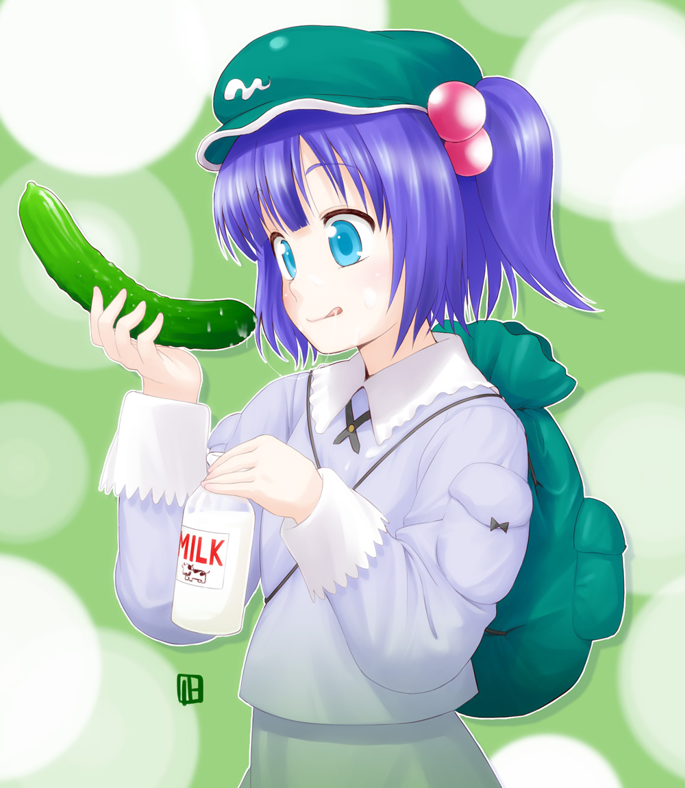 nagian, kawashiro nitori, touhou, bad id, bad pixiv id, 1girl, backpack, bag, blue eyes, blue hair, cucumber, female focus, hair bobbles, hair ornament, hat, matching hair/eyes, milk, randoseru, sexually suggestive, short hair, solo, suggestive fluid, tongue, twintails, two side up