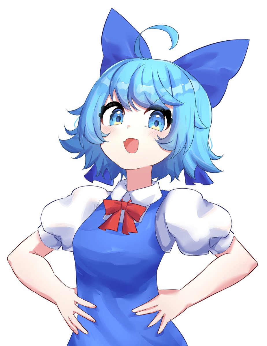 smug suriipi, cirno, touhou, commentary, english commentary, highres, 1girl, ahoge, blue bow, blue dress, blue eyes, blue hair, bow, bowtie, dress, fang, hair bow, looking at viewer, open mouth, red bow, red bowtie, short hair, short sleeves, simple background, skin fang, solo, upper body, white background