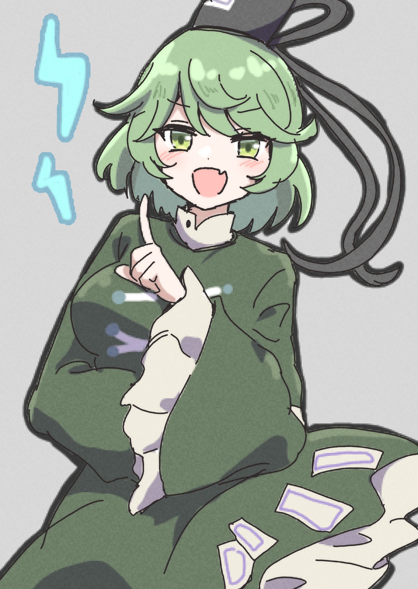 momitoekk, soga no tojiko, touhou, commentary request, highres, 1girl, black hat, blush, breasts, dress, fang, green dress, green eyes, green hat, grey background, hat, index finger raised, large breasts, lightning bolt symbol, long sleeves, looking at viewer, ofuda, ofuda on clothes, open mouth, simple background, skin fang, solo, tate eboshi