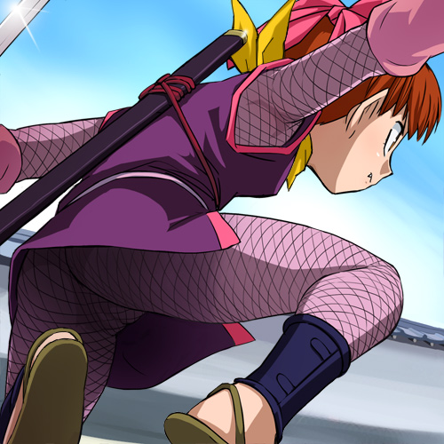 haruyama kazunori, nekomusume, gegege no kitarou, toei company, lowres, 1girl, armpits, ass, bodystocking, brown hair, cameltoe, female focus, fishnet bodystocking, fishnets, japanese clothes, katana, loli, ninja, no panties, solo, sword, upskirt, weapon