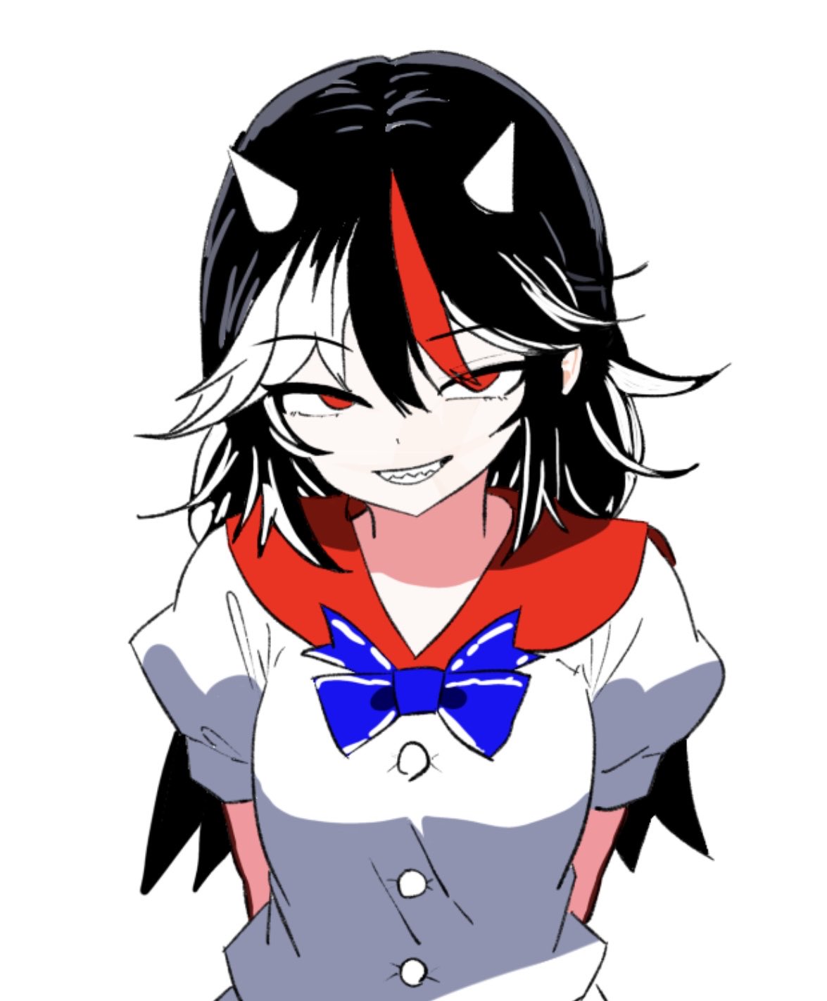 kijin seija, touhou, commentary, highres, symbol-only commentary, 1girl, arms behind back, black hair, blue bow, blue bowtie, bow, bowtie, horns, looking at viewer, multicolored hair, red eyes, red hair, sharp teeth, short sleeves, simple background, solo, streaked hair, teeth, upper body, white background, white hair, zw9cezxr8j16990
