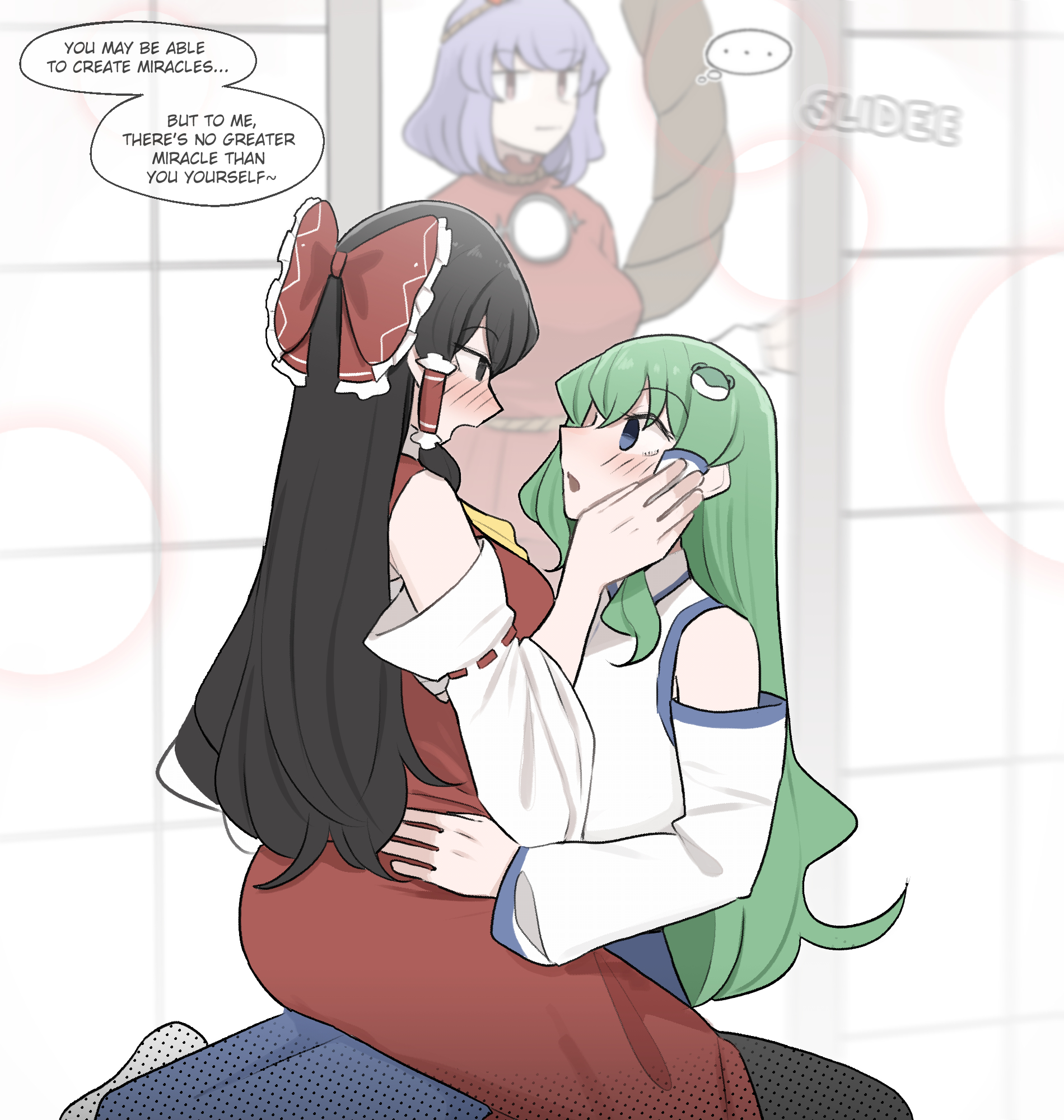 mata (matasoup), hakurei reimu, kochiya sanae, yasaka kanako, touhou, commentary, commission, english commentary, highres, …, 3girls, black hair, blush, bow, detached sleeves, english text, frog hair ornament, hair bow, hair ornament, hair tubes, indoors, long hair, looking at another, multiple girls, nontraditional miko, open mouth, purple hair, red bow, red eyes, ribbon-trimmed sleeves, ribbon trim, short hair, sitting, speech bubble, spoken ellipsis, thought bubble, yuri