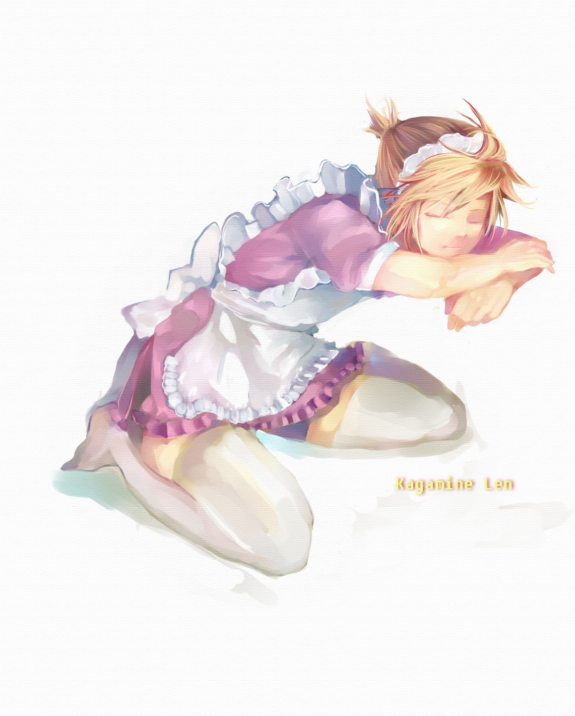 edopacku, kagamine len, vocaloid, highres, 1boy, alternate costume, apron, blonde hair, closed eyes, crossdressing, crossdressing (mtf), enmaided, full body, gradient background, hairband, kneeling, maid, maid apron, male focus, male maid, ponytail, short hair, simple background, sleeping, solo, thighhighs, trap