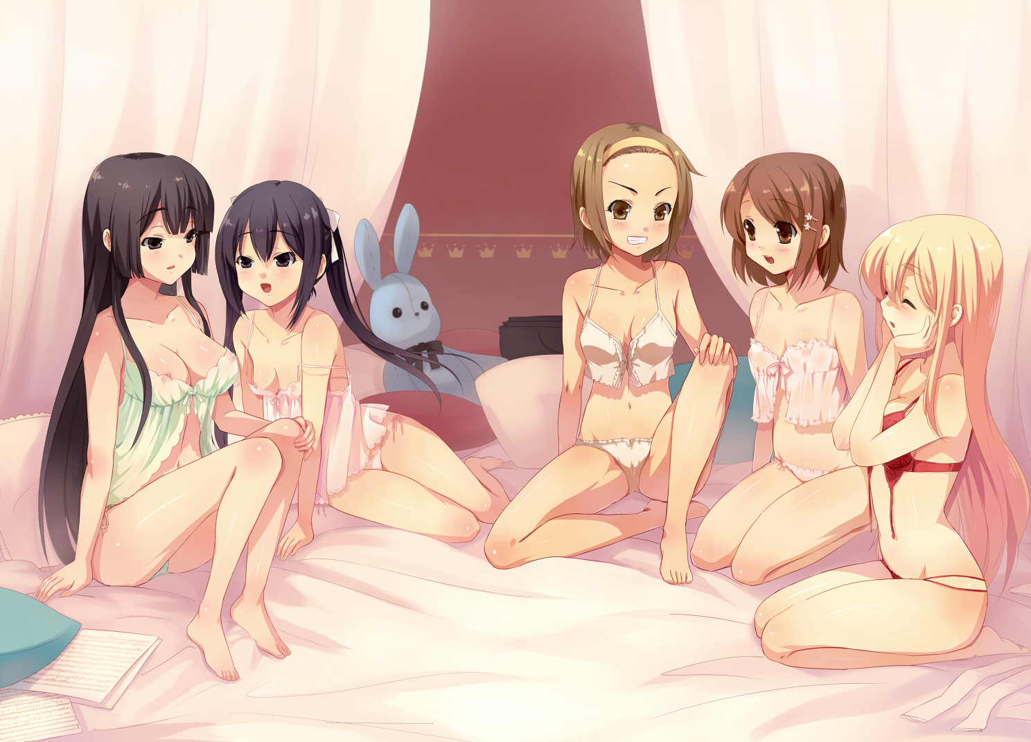 xiangtu, akiyama mio, hirasawa yui, kotobuki tsumugi, nakano azusa, tainaka ritsu, k-on!, bad id, bad pixiv id, 00s, 5girls, babydoll, barefoot, bed, black eyes, black hair, blonde hair, blush, bra, breasts, brown eyes, brown hair, canopy bed, cleavage, closed eyes, feet, female focus, grin, hair ornament, hairband, hairclip, hands on own face, hip focus, ho-kago tea time, kneeling, lingerie, long hair, medium breasts, multiple girls, navel, negligee, nipple slip, nipples, no bra, open bra, open mouth, panties, purple eyes, rabbit, red bra, red panties, see-through clothes, short hair, side-tie panties, sitting, small breasts, smile, strap slip, string panties, stuffed animal, stuffed rabbit, stuffed toy, take your pick, thighs, twintails, underwear, underwear only, white panties, yellow eyes