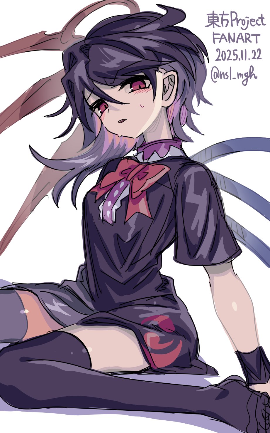 ichirugi, houjuu nue, touhou, commentary, highres, 1girl, asymmetrical wings, black dress, black hair, black thighhighs, blue wings, blush, bow, bowtie, breasts, colored inner hair, dated, dress, foot out of frame, hair between eyes, looking at viewer, medium hair, multicolored hair, open mouth, purple hair, raised eyebrow, red bow, red bowtie, red eyes, red wings, short dress, short sleeves, simple background, sitting, small breasts, solo, thighhighs, tomoe (symbol), white background, wings, wristband