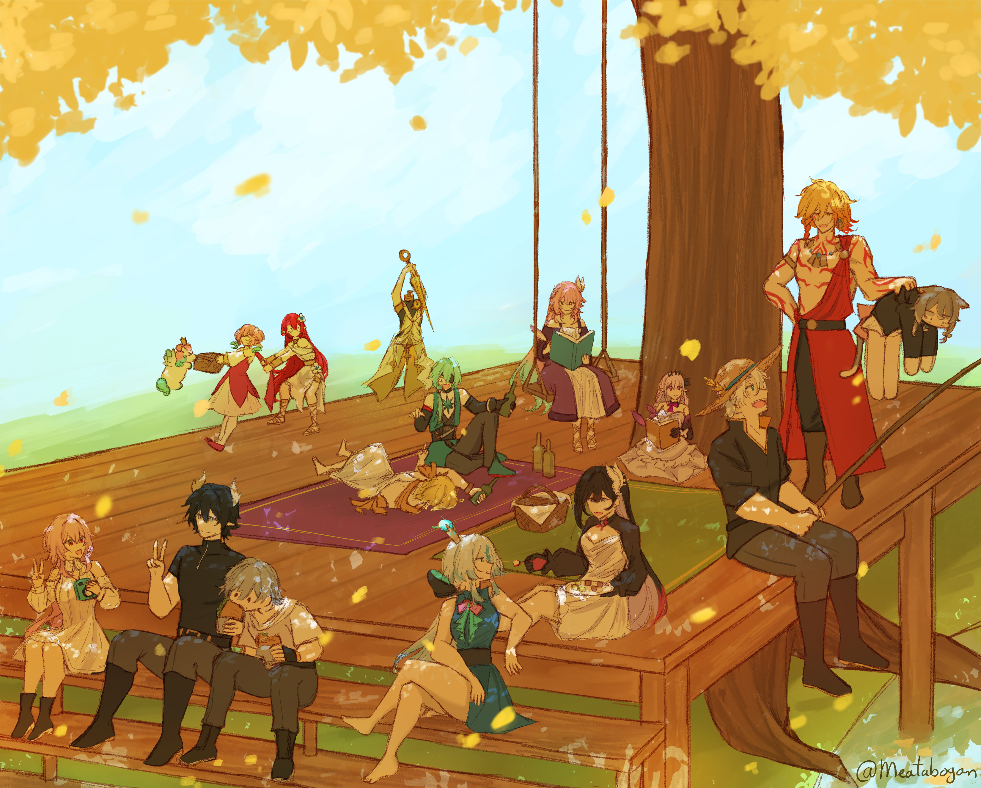 aglaea (honkai: star rail), anaxa (honkai: star rail), caelus (honkai: star rail), castorice (honkai: star rail), cerydra (honkai: star rail), cipher (honkai: star rail), cloud strife, cloud strife (blue dress), cyrene (aedes elysiae) (honkai: star rail), cyrene (honkai: star rail), dan heng (honkai: star rail), dan heng (permansor terrae) (honkai: star rail), evernight (honkai: star rail), hyacine (honkai: star rail), hysilens (honkai: star rail), little ica (honkai: star rail), march 7th (honkai: star rail), mydei (honkai: star rail), phainon (honkai: star rail), trailblazer (honkai: star rail), tribios (honkai: star rail), honkai: star rail, honkai (series), absurdres, highres, 5boys, 6+girls, ancient greek clothes, animal ears, aqua hair, black hair, black pants, black shirt, blonde hair, blue hair, blue sky, book, cat ears, cat girl, cat tail, chest tattoo, chrysos heirs (honkai: star rail), coat, dress, eyepatch, fishing, fishing rod, garmentmaker (honkai: star rail), greco-roman clothes, green hair, grey hair, hat, holding, holding book, holding fishing rod, long hair, mannequin, meatabogan, memosprite, multicolored hair, multiple boys, multiple girls, on swing, pants, pegasus, pink hair, purple coat, purple hair, reading, red hair, red tattoo, shirt, short hair, sky, straw hat, swing, tail, tattoo, toga, tree, twitter username, two-tone hair, very long hair, white dress, white hair, white shirt