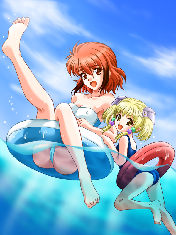 majin go!, ibis douglas, irui guneden, banpresto, super robot wars, 2girls, bare shoulders, barefoot, bikini, blonde hair, breasts, brown eyes, child, covered erect nipples, day, feet, innertube, medium breasts, multiple girls, one-piece swimsuit, red eyes, red hair, school swimsuit, short hair, swim ring, swimsuit, twintails, water, yellow eyes