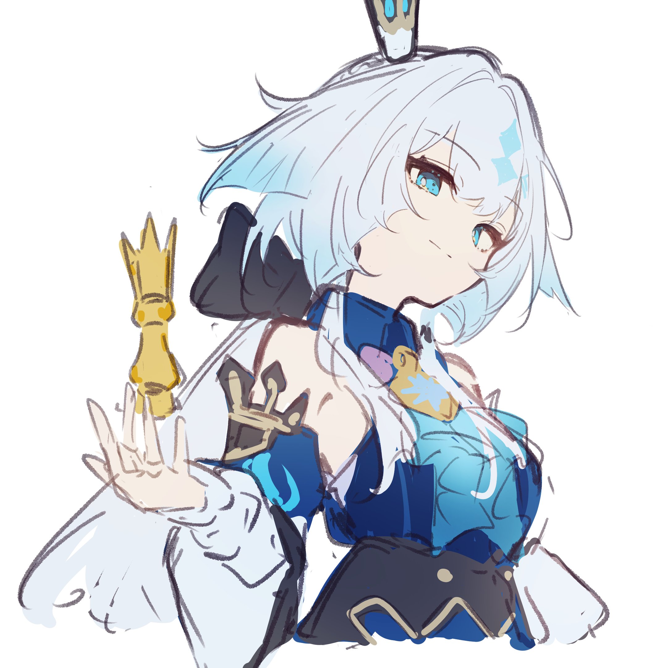 cerydra (honkai: star rail), honkai: star rail, honkai (series), commentary request, highres, 1girl, bare shoulders, black bow, blue dress, blue eyes, blue fire, blue hair, blue sleeves, bow, bowtie, breasts, bright pupils, chess piece, closed mouth, collared dress, crown, detached sleeves, dress, fire, gradient hair, hair between eyes, hair bow, hand up, holding, holding chess piece, long hair, long sleeves, looking at viewer, low ponytail, medium breasts, mini crown, multicolored hair, newtec729, ponytail, puffy detached sleeves, puffy sleeves, purple bow, purple bowtie, sidelocks, simple background, sleeveless, sleeveless dress, smile, solo, upper body, white background, white hair, white pupils, white sleeves, wide sleeves