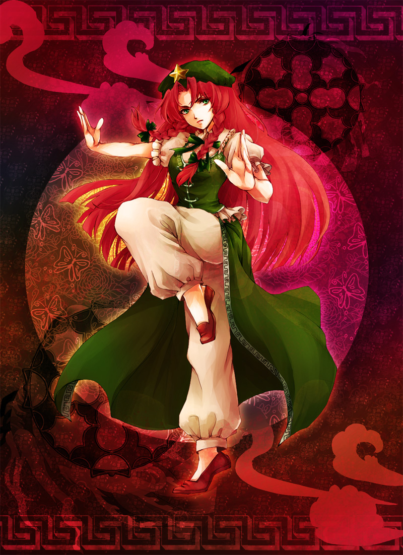 awa toka, hong meiling, immaterial and missing power, touhou, 1girl, beret, braid, bug, butterfly, china dress, chinese clothes, dress, female focus, fighting stance, green eyes, hat, long hair, pants, red hair, solo, twin braids