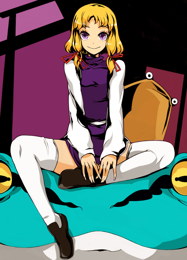 kakaaru, moriya suwako, touhou, bad id, bad pixiv id, 1girl, blonde hair, female focus, frog, hat, purple eyes, short hair, solo, thighhighs