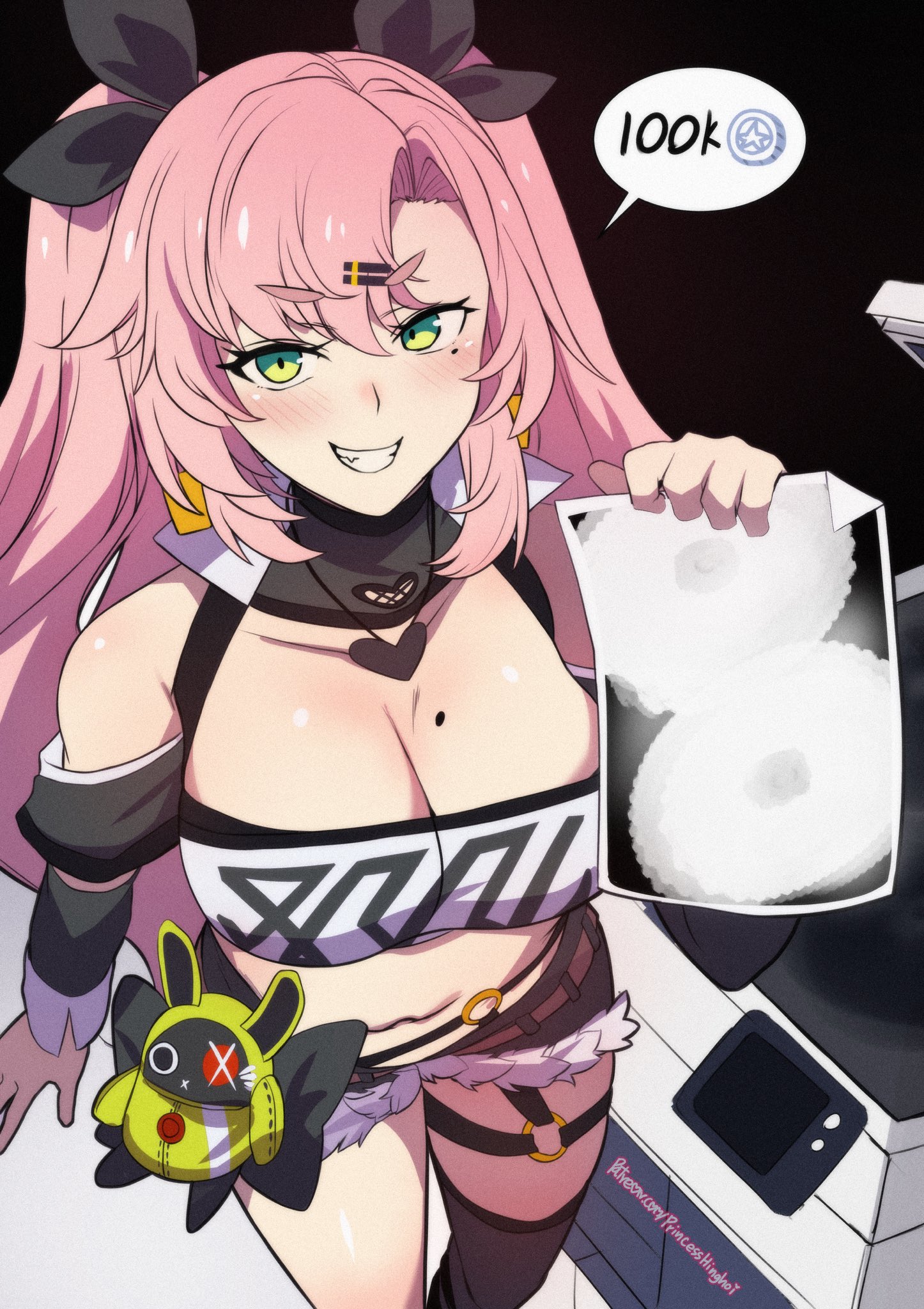 hinghoi, amillion (zenless zone zero), bangboo (zenless zone zero), nicole demara, zenless zone zero, commentary, english commentary, highres, 1girl, bare shoulders, black background, black ribbon, black shorts, blush, breasts, clothing cutout, cowboy shot, cutoffs, earrings, fur-trimmed shorts, fur trim, green eyes, grin, hair ornament, hairclip, heart, heart earrings, heart necklace, jewelry, long hair, looking at viewer, micro shorts, mole, mole on breast, mole under eye, navel, necklace, nipples, patreon username, photocopier, photocopying self, pink hair, printer, ribbon, shorts, shoulder cutout, single thighhigh, smile, solo, spoken number, strapless, stuffed toy, teeth, thighhighs, tube top, two side up, v-shaped eyebrows, white tube top