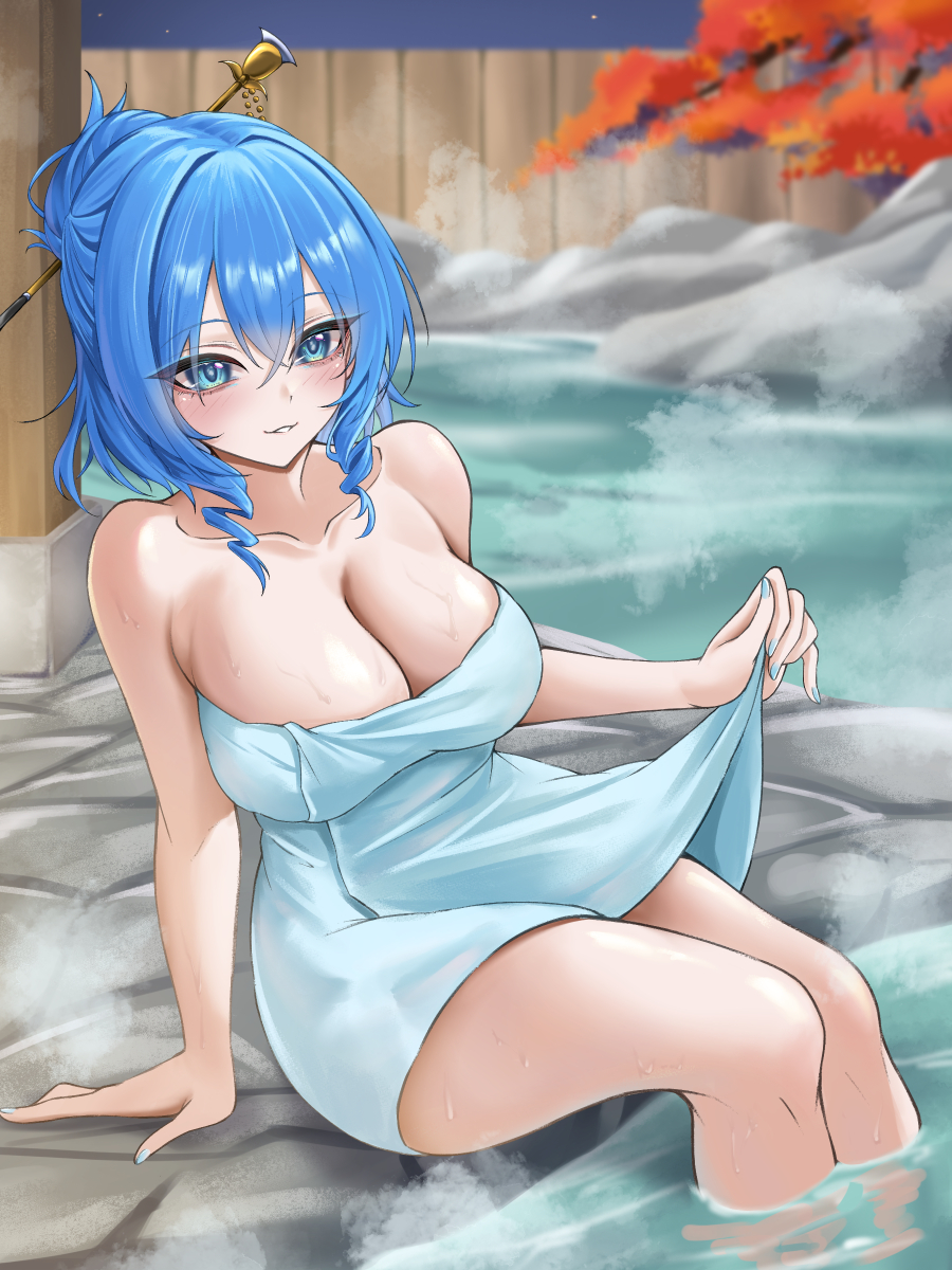 nobea, kaku seiga, touhou, commentary, highres, 1girl, alternate hairstyle, arm support, blue eyes, blue hair, blurry, blurry background, breasts, chisel, cleavage, drill hair, drill sidelocks, hair ornament, hair stick, large breasts, looking at viewer, naked towel, night, onsen, parted lips, short hair, sidelocks, sitting, solo, towel, wading