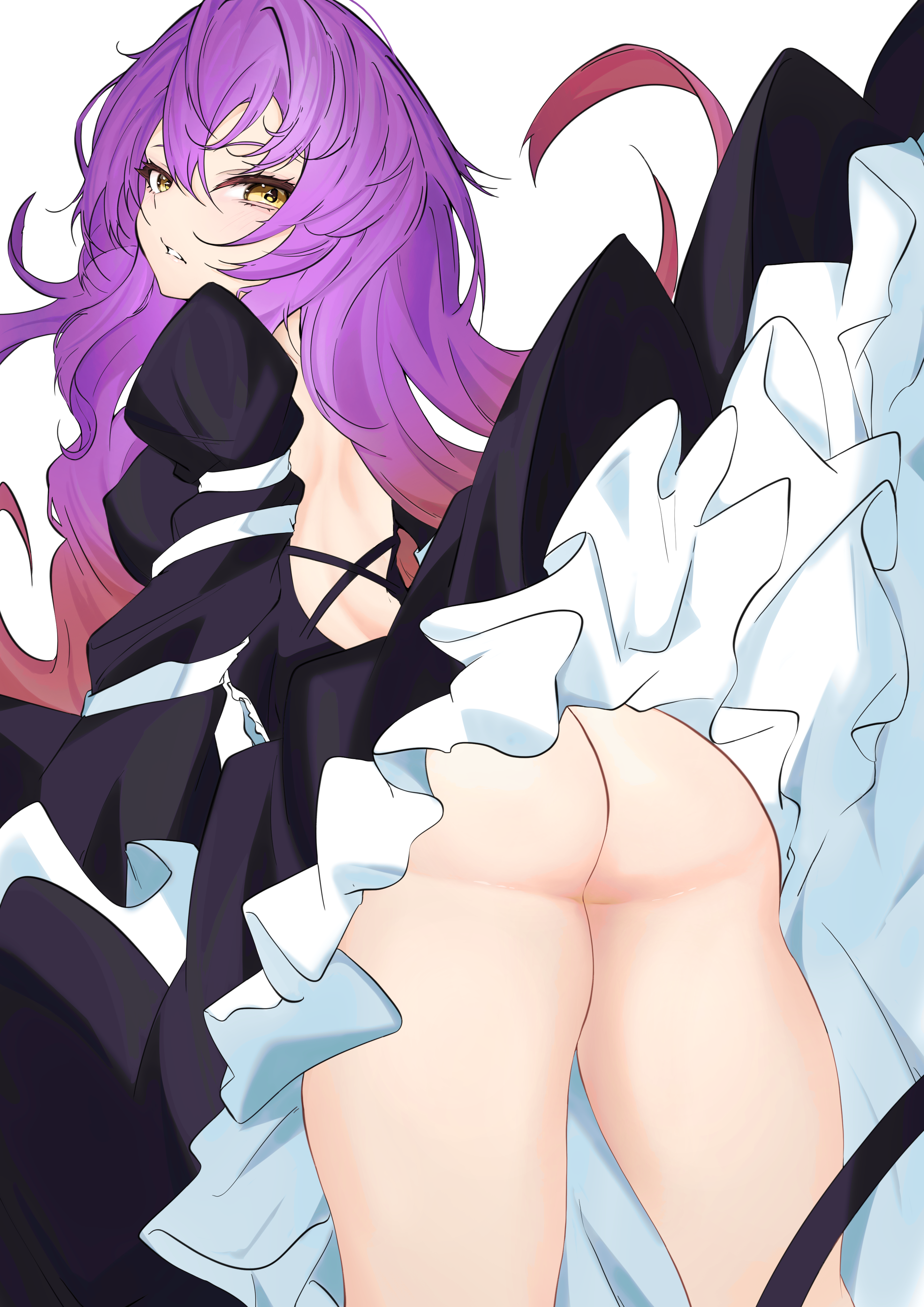 unanooo (fthx7532), hijiri byakuren, touhou, absurdres, commentary request, highres, 1girl, ass, black dress, bottomless, dress, from behind, from below, long sleeves, looking at viewer, looking back, parted lips, simple background, solo, white background, yellow eyes