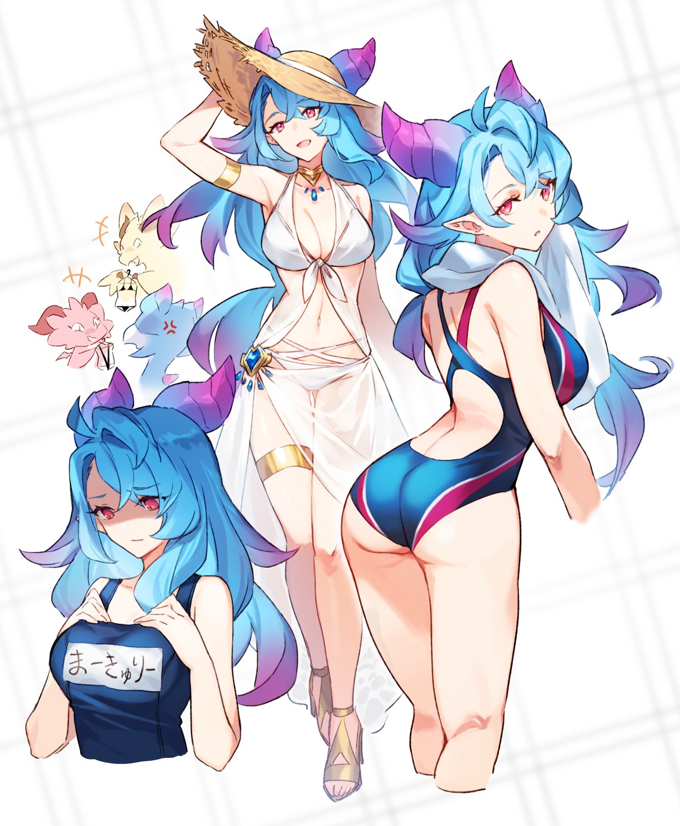 dragalinuka, brunhilda (dragalia lost), jupiter (dragalia lost), mercury (dragalia lost), dragalia lost, gold armlet, highres, 1girl, :d, :o, alternate costume, armlet, armpits, ass, bikini, blue hair, breasts, brown hat, cleavage, closed mouth, dragon, dragon girl, dragon horns, gold thighlet, hair between eyes, hat, horns, humanoid mercury (dragalia lost), jewelry, long hair, looking at viewer, multicolored hair, multiple views, navel, one-piece swimsuit, open mouth, pink hair, pointy ears, red eyes, school swimsuit, smile, sun hat, swimsuit, thighlet, two-tone hair, very long hair, white bikini