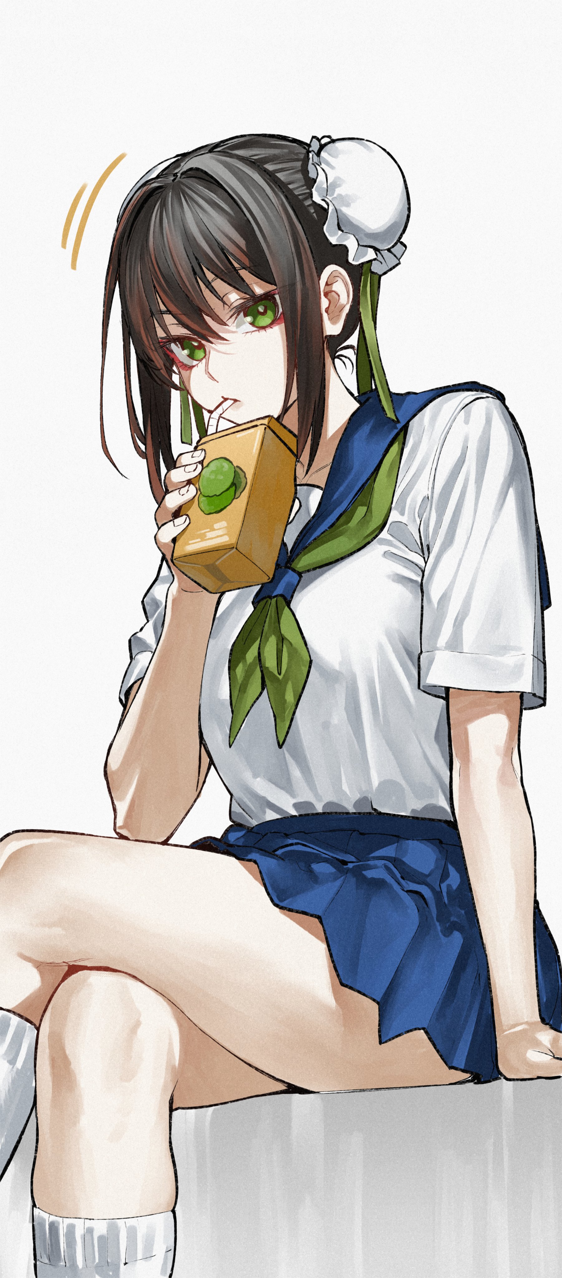 kamisato sora, qin liangyu (fate), fate/grand order, fate (series), absurdres, highres, 1girl, black hair, breasts, bun cover, crossed legs, double bun, green eyes, green ribbon, hair bun, hair ribbon, juice box, large breasts, looking at viewer, medium hair, ribbon, sidelocks, sitting, solo, thighs