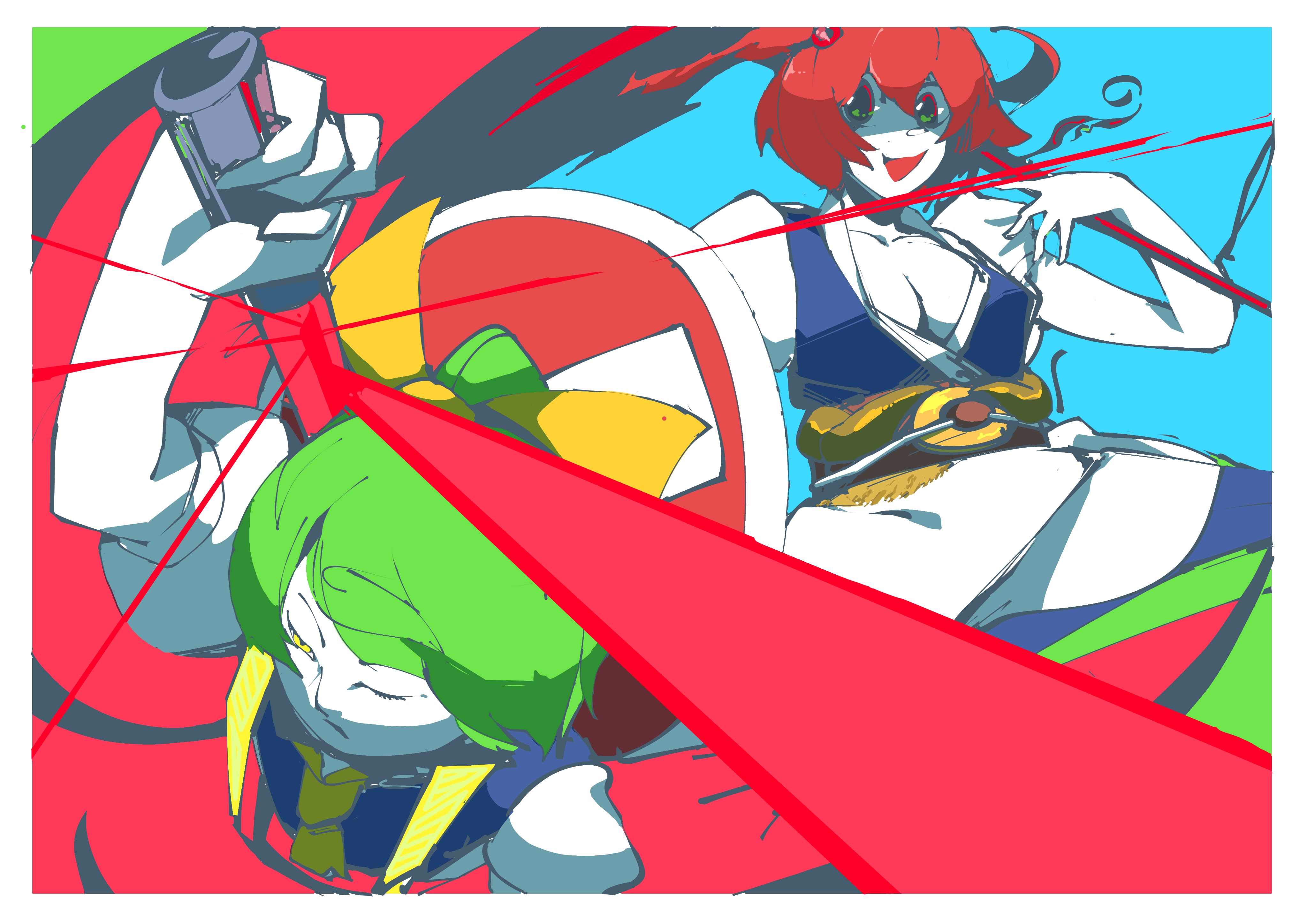 ishizaki (ishizaki100), daiyousei, diyusi (cookie), onozuka komachi, shishou (cookie), cookie (touhou), touhou, absurdres, commentary request, highres, 2girls, blue background, blue dress, border, breasts, brown sash, cleavage, closed eyes, coin, coin on string, colored skin, cowboy shot, dress, green hair, holding, holding scythe, large breasts, looking at viewer, multiple girls, no entry sign, obi, open mouth, puffy short sleeves, puffy sleeves, red eyes, red hair, road sign, sash, scythe, shaded face, shirt, short hair, short sleeves, sign, smile, traffic baton, white border, white shirt, white skin