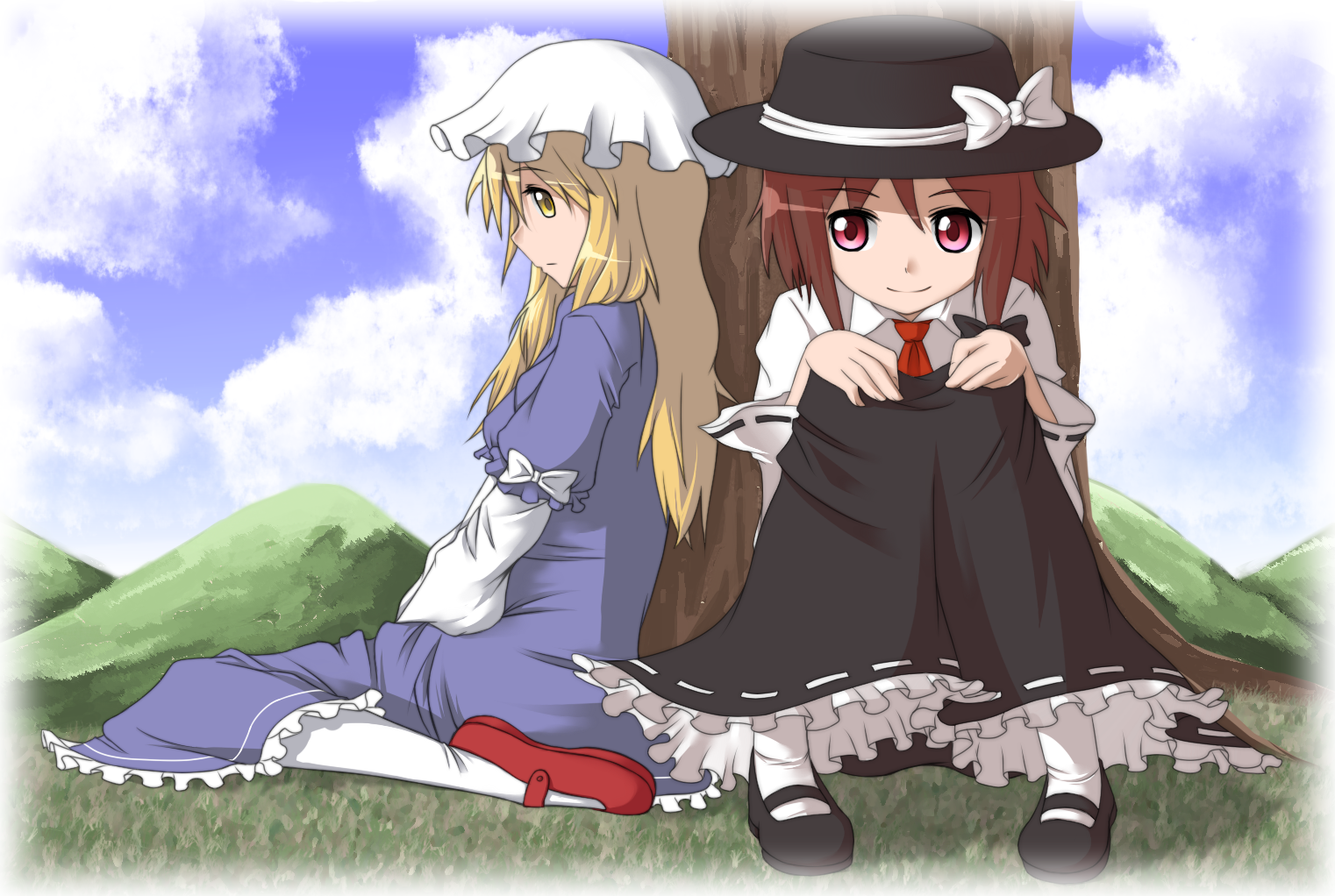 ibuki notsu, maribel hearn, usami renko, ghostly field club, touhou, bad id, bad pixiv id, 2girls, blonde hair, brown hair, female focus, hat, long hair, mary janes, multiple girls, pantyhose, red eyes, shoes, short hair, sitting, tree, yellow eyes