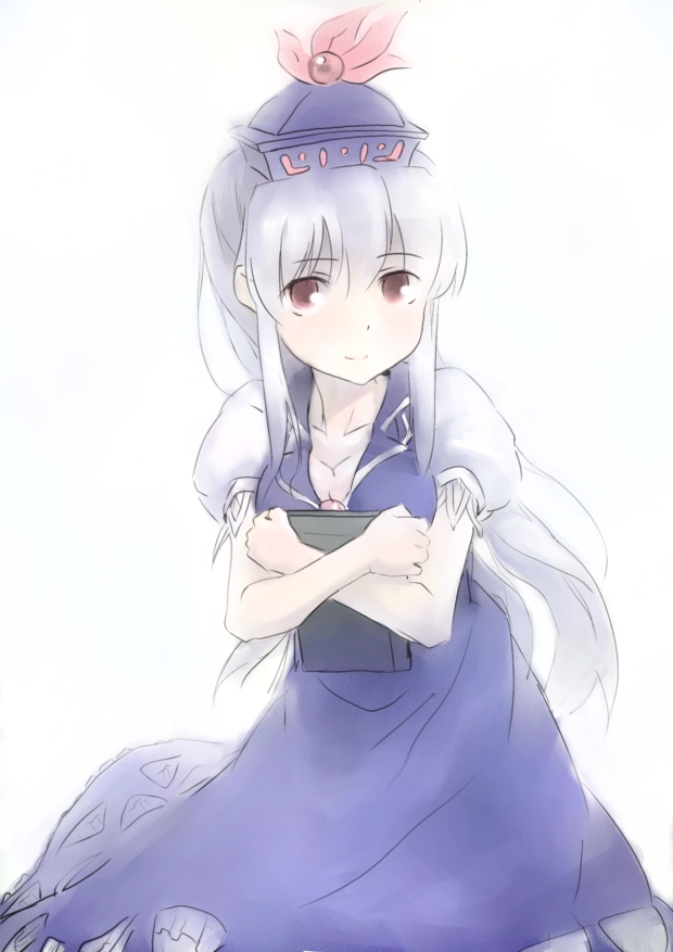 akami, sakura akami, kamishirasawa keine, imperishable night, touhou, bad id, bad pixiv id, 1girl, book, breasts, cleavage, female focus, hat, long hair, red eyes, smile, solo, white background, white hair