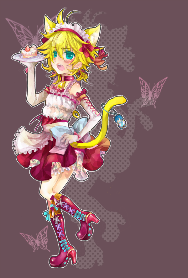 shigaraki (strobe blue), kagamine len, kaito (vocaloid), vocaloid, bad id, bad pixiv id, 1boy, animal ears, apron, bell, blonde hair, blue eyes, blush, boots, bug, butterfly, cake, collar, crossdressing, crossdressing (mtf), elbow gloves, food, frills, gloves, hair ribbon, hairband, insect, male focus, pastry, plate, ribbon, skirt, solo, tail, trap
