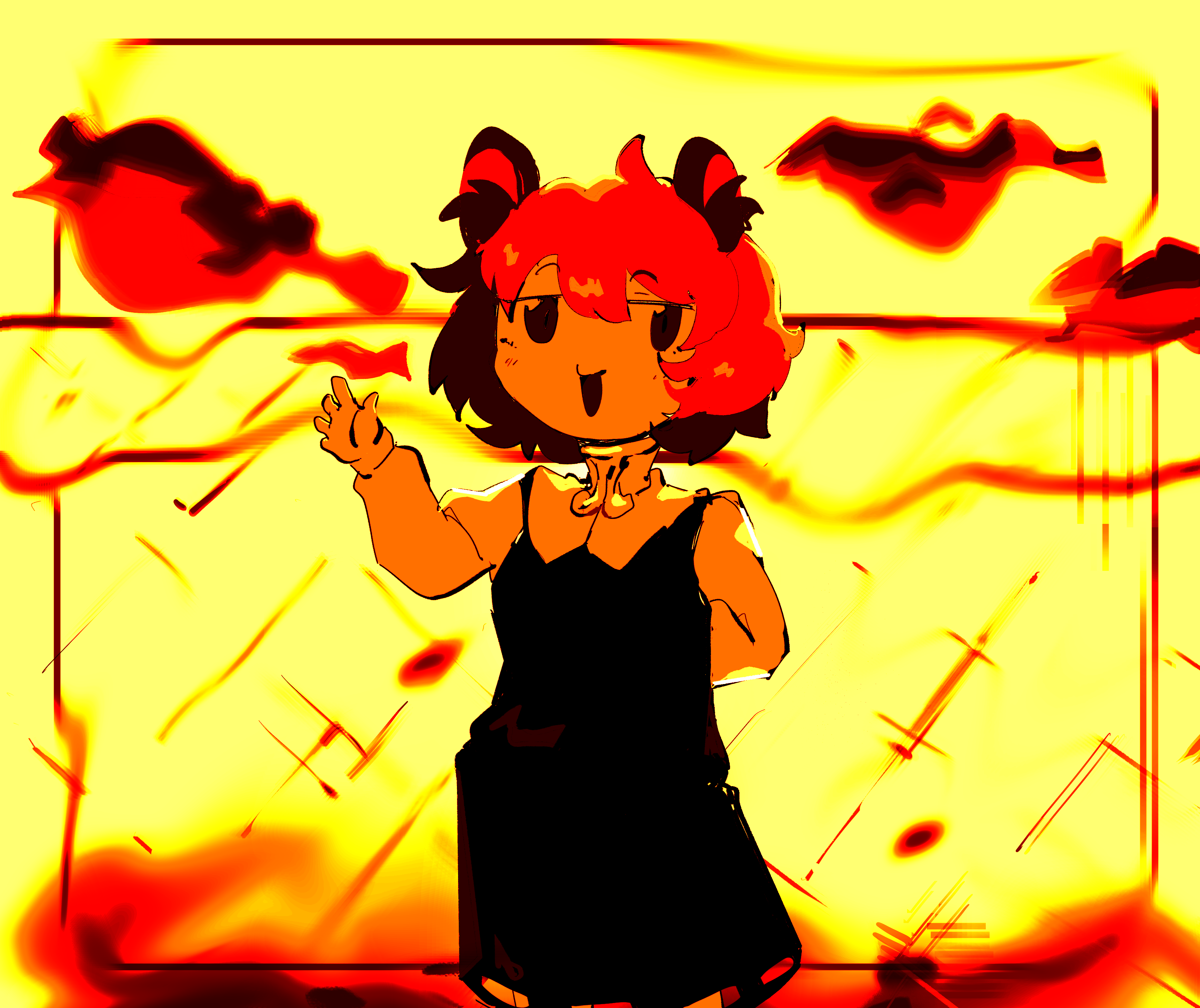 ishizaki (ishizaki100), nazrin, nyon (cookie), cookie (touhou), touhou, absurdres, commentary request, highres, 1girl, animal ears, arm behind back, chain-link fence, cowboy shot, dress, fence, long sleeves, looking at viewer, monochrome, mouse ears, mouse girl, open mouth, orange theme, pinafore dress, short hair, sleeveless, sleeveless dress, smile, solo, waving