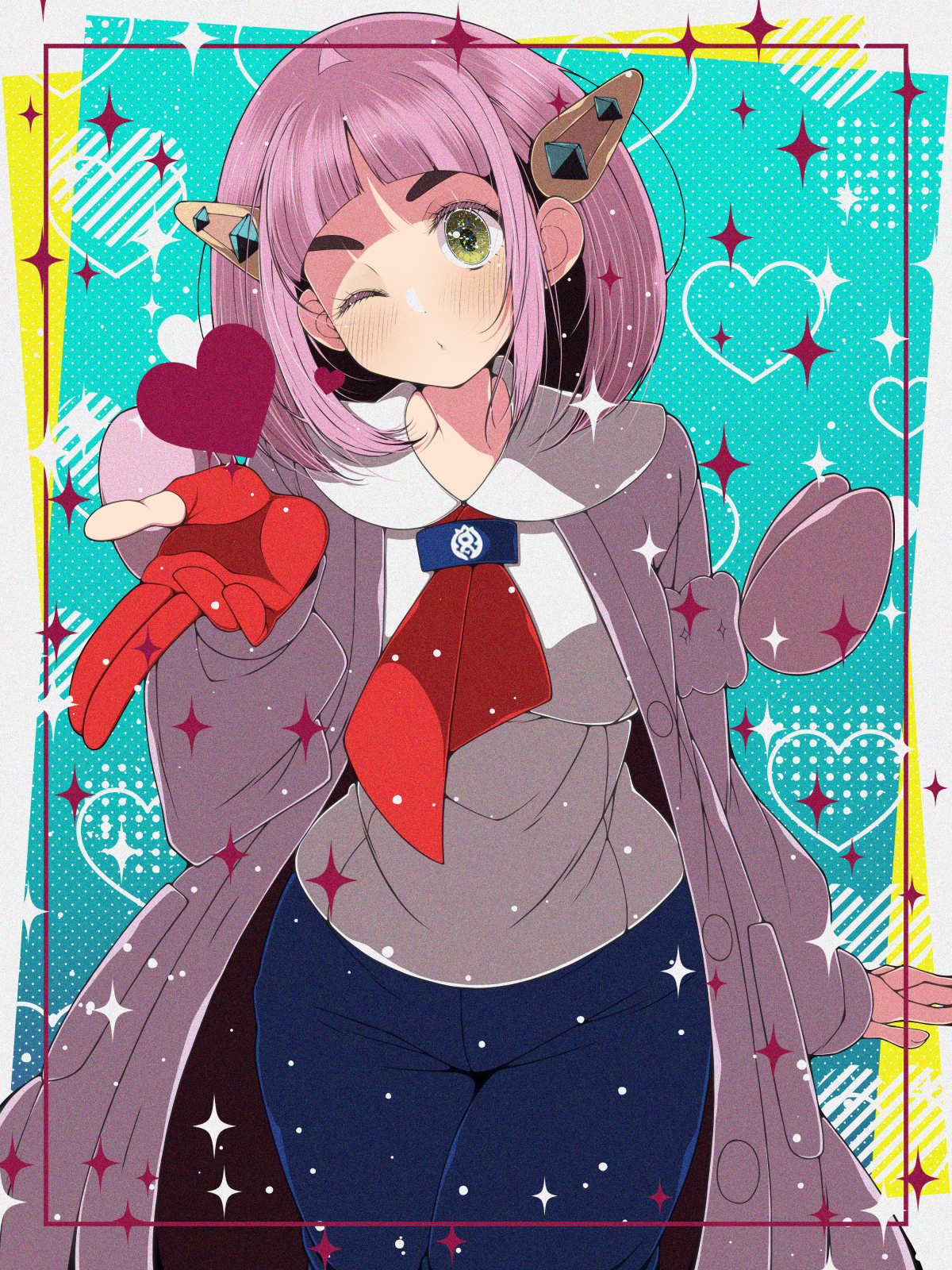 fujiwara hiro (kaede ciao), lacey (pokemon), nintendo, pokemon, pokemon sv, highres, 1girl, arched bangs, blueberry academy (emblem), blueberry academy school uniform, blush, cardigan, collared shirt, eyelashes, gloves, hair ornament, hairclip, long sleeves, looking at viewer, one eye closed, open cardigan, open clothes, pants, pink hair, purple cardigan, red gloves, school uniform, shirt, short hair, single glove, solo, white shirt, yellow eyes