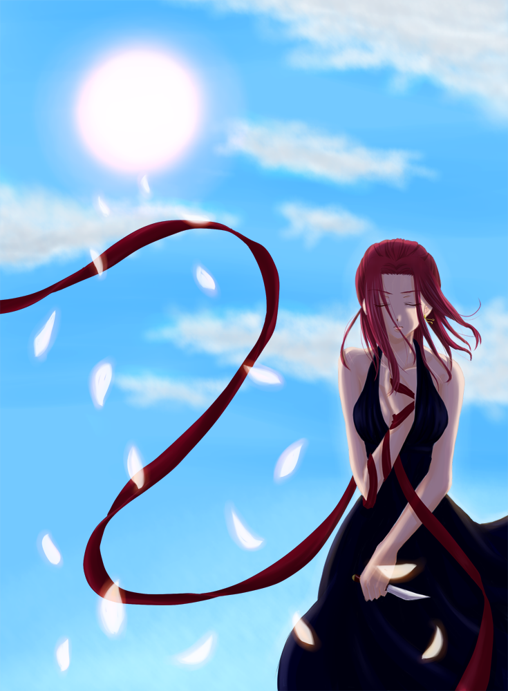 mizusawa nagi, kouzuki kallen, code geass, bad id, bad pixiv id, 00s, 1girl, breasts, closed eyes, female focus, formal clothes, grabbing another's breast, groping, knife, large breasts, looking at viewer, red hair, ribbon, short hair, solo