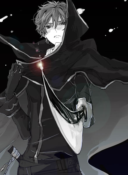 mori (pixiv), morisu-bh, kururugi suzaku, zero (code geass), code geass, blade, spoilers, 00s, 1boy, cape, gloves, male focus, monochrome, solo, sword, weapon