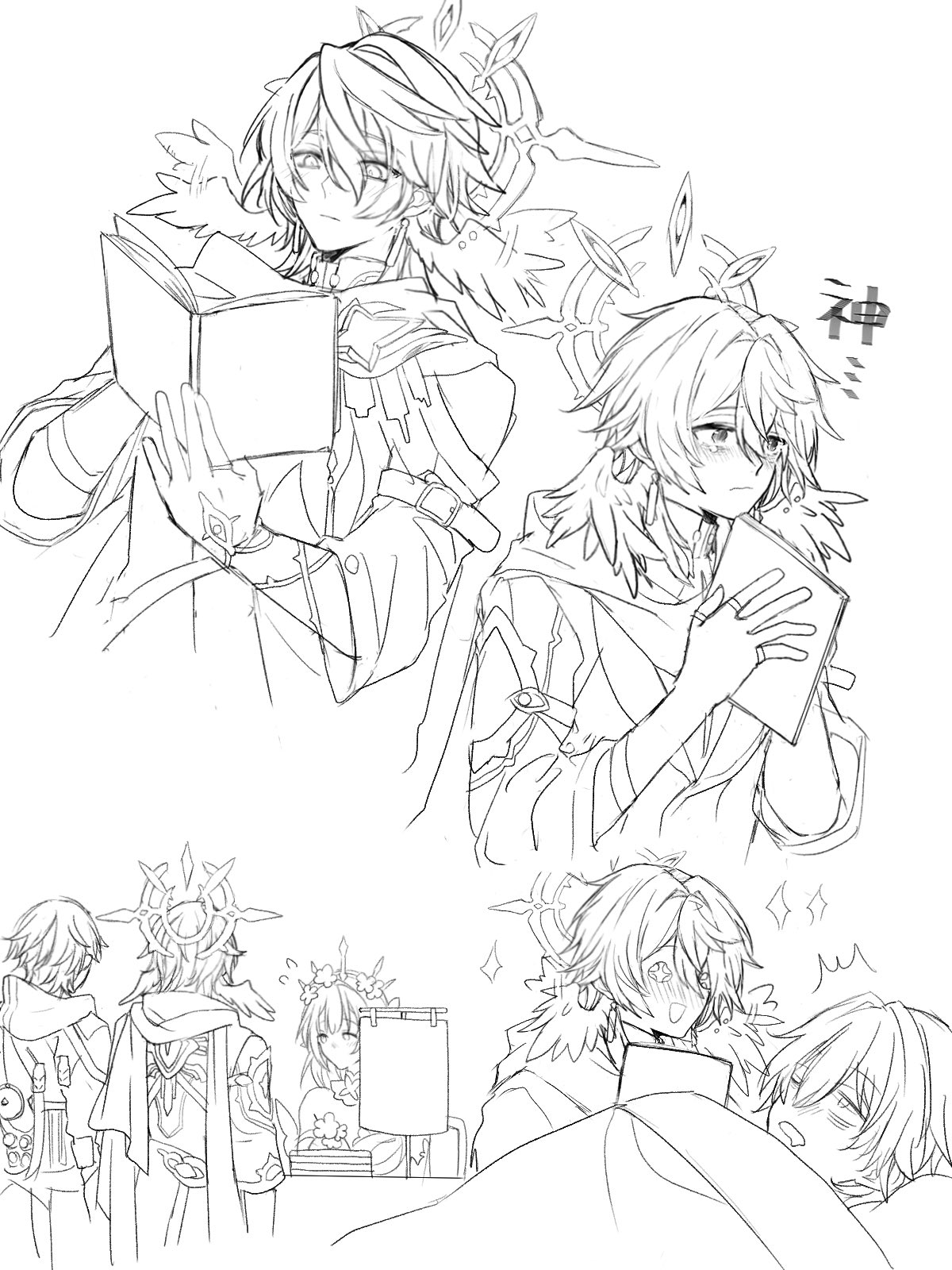 caelus (honkai: star rail), castorice (honkai: star rail), sunday (honkai: star rail), trailblazer (honkai: star rail), honkai: star rail, honkai (series), highres, + +, 1girl, 2boys, 3syokuosoba, ^^^, blanket, blush, book, book stack, breasts, chair, choker, closed mouth, cowboy shot, dress, drooling, earrings, feathered wings, flower, flower ornament, flying sweatdrops, from behind, gloves, hair between eyes, hair flower, hair ornament, half-closed eye, halo, halo behind head, head wings, holding, holding book, hood, hooded coat, jacket, jewelry, long hair, looking at another, looking at object, looking to the side, lying, medium breasts, multiple boys, multiple rings, no mouth, on back, on bed, on chair, one eye closed, open book, open mouth, pillow, pointy ears, reading, ring, scarf, shirt, short hair, sidelocks, sitting, sleepy, sleeveless, sleeveless dress, smile, sparkle, standing, strapless, strapless dress, table, tearing up, tiara, wings