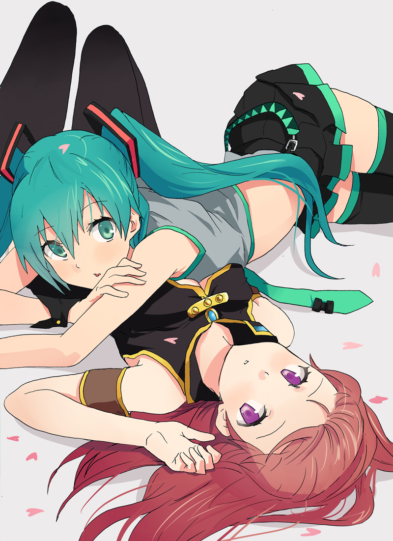 hyakuen raitaa, hatsune miku, megurine luka, vocaloid, bad id, bad pixiv id, 2girls, aqua eyes, aqua hair, breasts, cleavage, long hair, lying, midriff, multiple girls, necktie, on back, on stomach, petals, purple eyes, skirt, thighhighs, twintails, zettai ryouiki