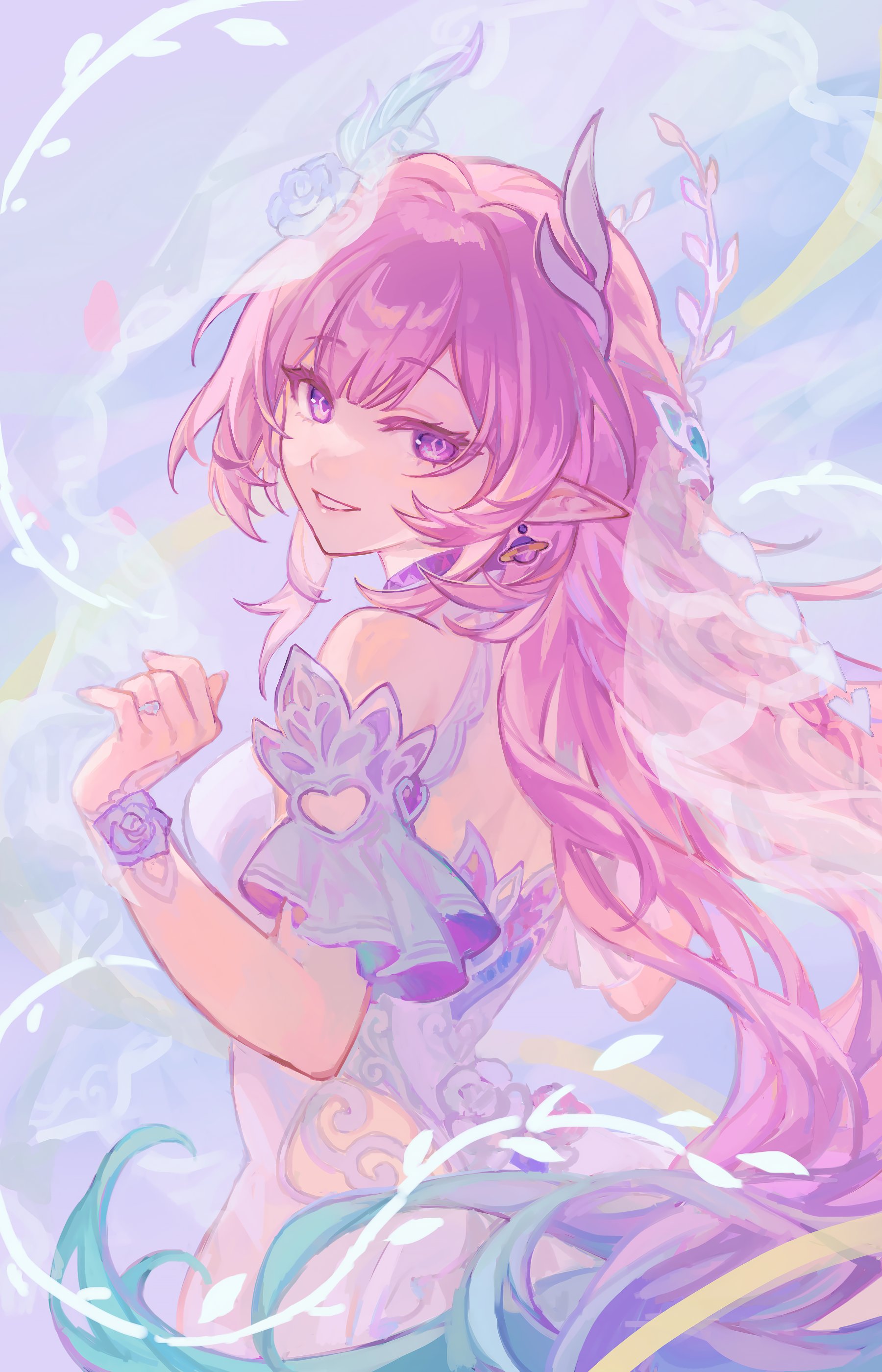 mizuhashisuika, cyrene (honkai: star rail), cyrene (ripples of past reverie) (honkai: star rail), honkai: star rail, honkai (series), absurdres, commentary, highres, symbol-only commentary, 1girl, aqua hair, bare shoulders, breasts, diamond-shaped pupils, diamond (shape), dress, earrings, flower, from side, gradient hair, hair flower, hair ornament, jewelry, large breasts, long hair, looking at viewer, multicolored hair, pink hair, pointy ears, purple eyes, smile, solo, symbol-shaped pupils, very long hair, white dress, white hair