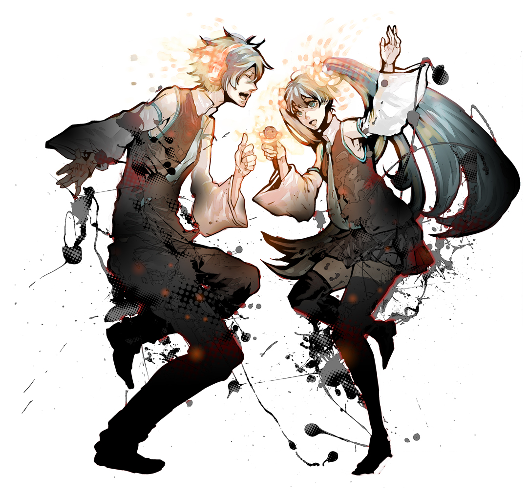 kashiko (phony), nitadori, hatsune miku, hatsune mikuo, vocaloid, bad id, bad pixiv id, 1boy, 1girl, aqua eyes, aqua hair, detached sleeves, genderswap, genderswap (ftm), headphones, long hair, necktie, short hair, thighhighs, twintails, zettai ryouiki