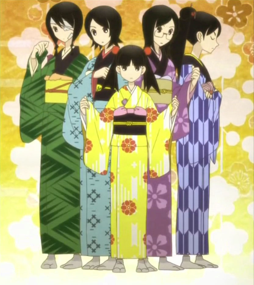 fujiyoshi harumi, hitou nami, kitsu chiri, kobushi abiru, otonashi meru, sayonara zetsubou sensei, third-party edit, 00s, 5girls, japanese clothes, kimono, multiple girls